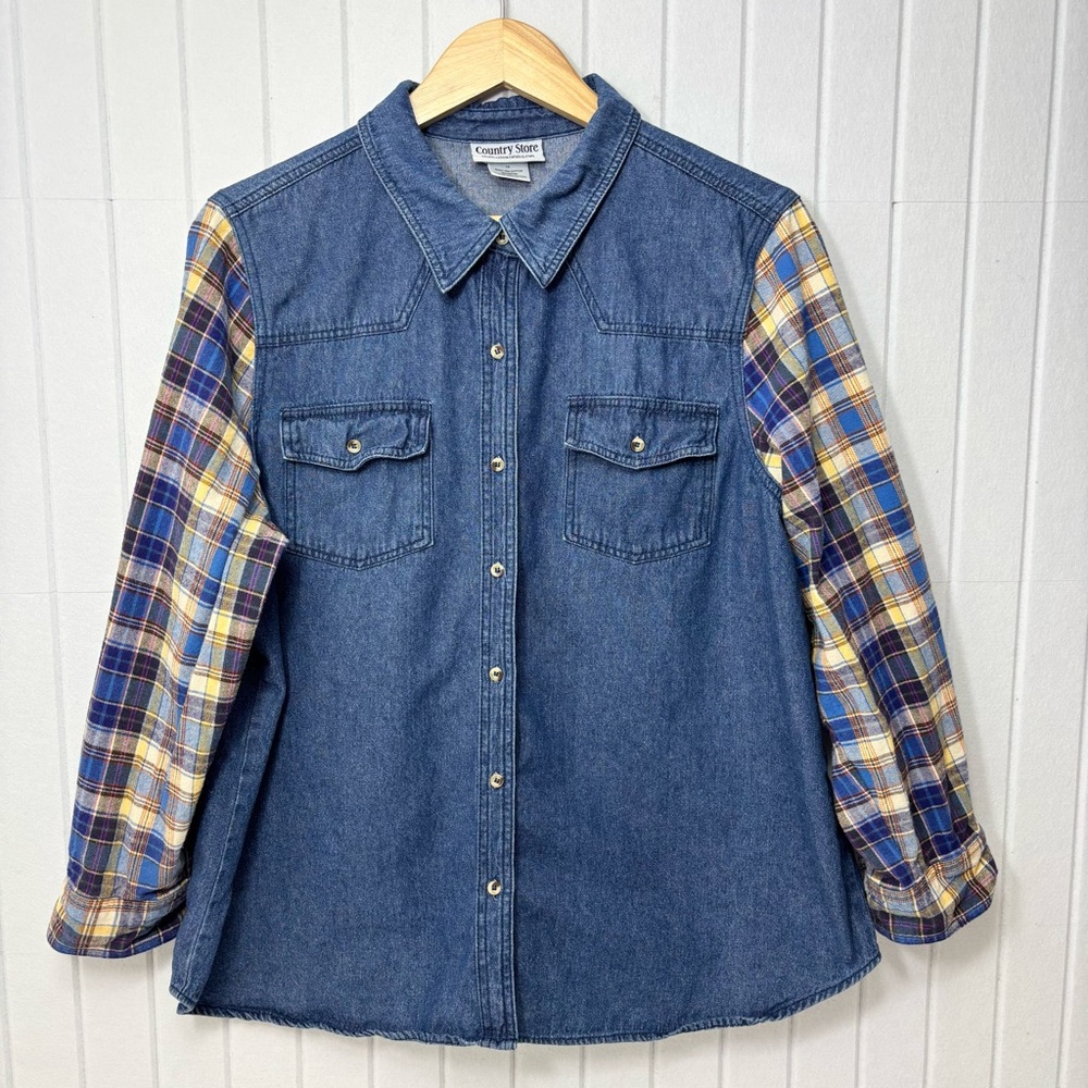 Country Store Cotton blend‎ Denim Shirt with Plaid Sleeves Size 1X
